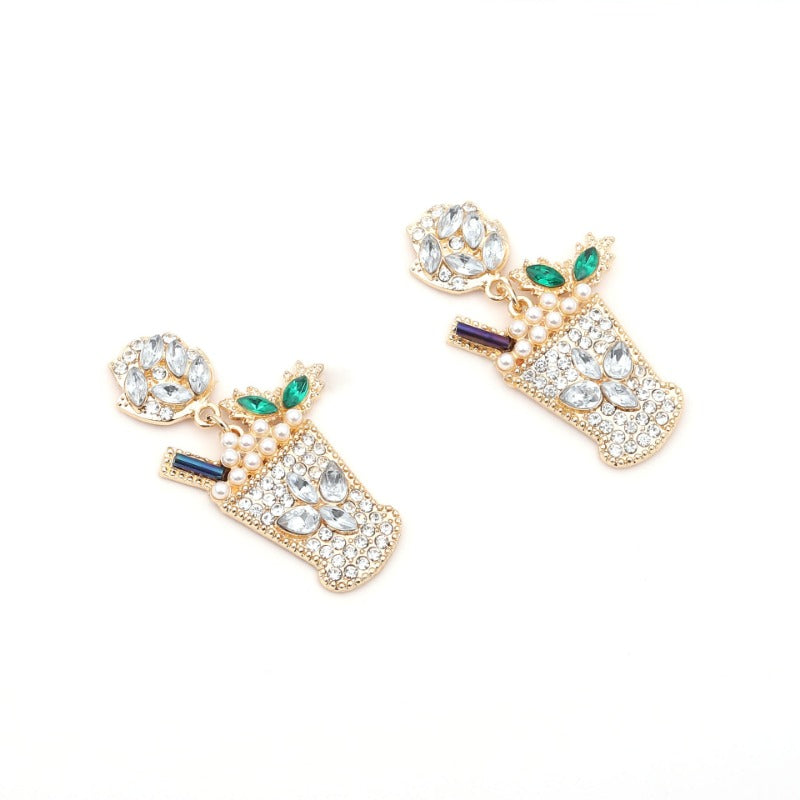 Wholesale Cold Drink Glass Shaped Pearl Studded Diamond Alloy Earrings